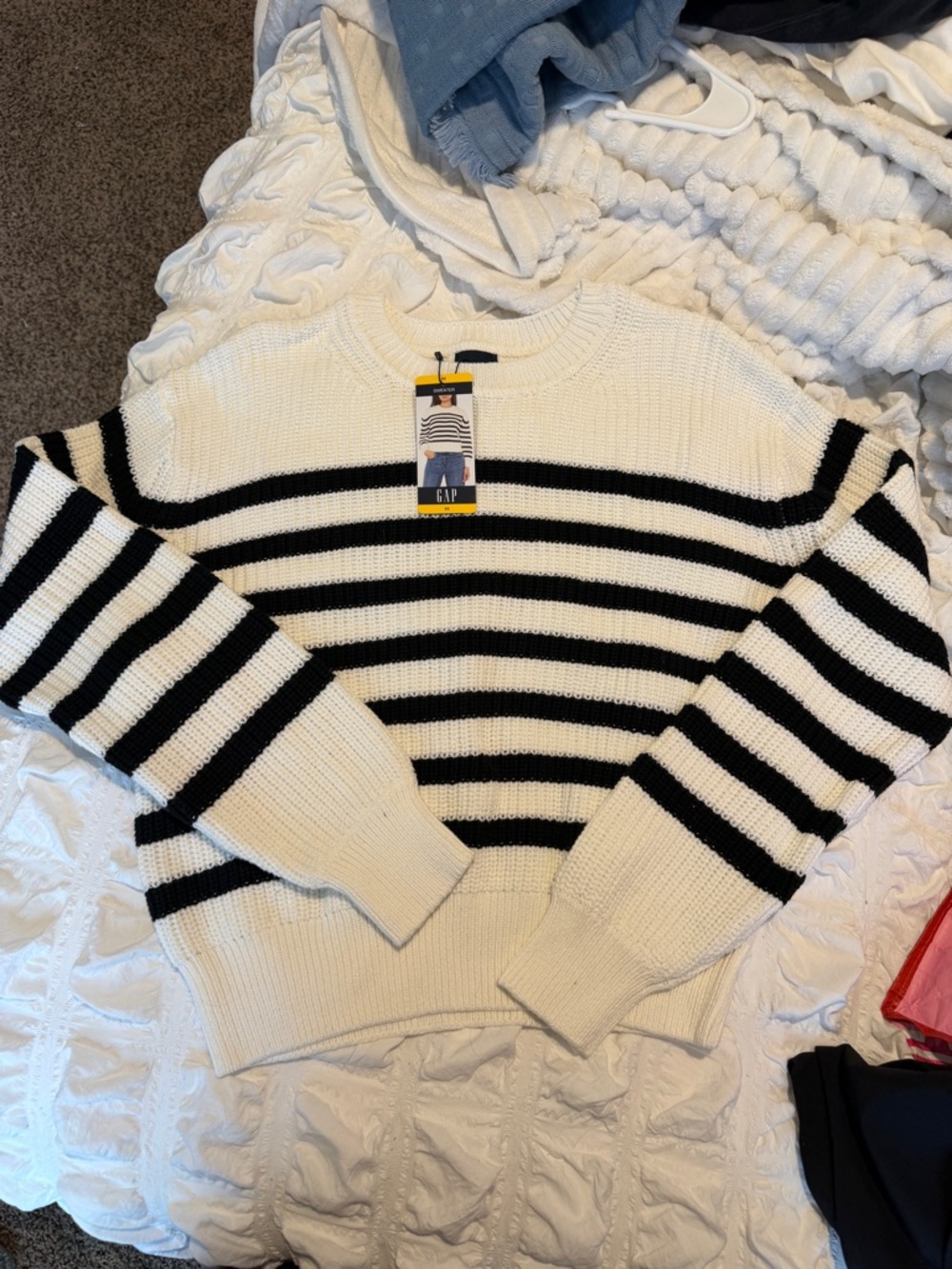 GAP Cream and Black Striped Crewneck Sweater